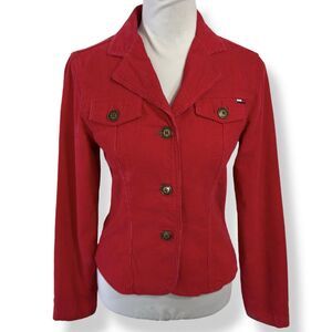 Y2K VTG Tommy Hilfiger Red Corduroy Jacket Size‎ XS Blazer Cut Cropped Trucker